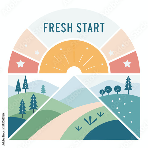A serene landscape illustration depicting a fresh start with mountains, trees, and a sunrise.