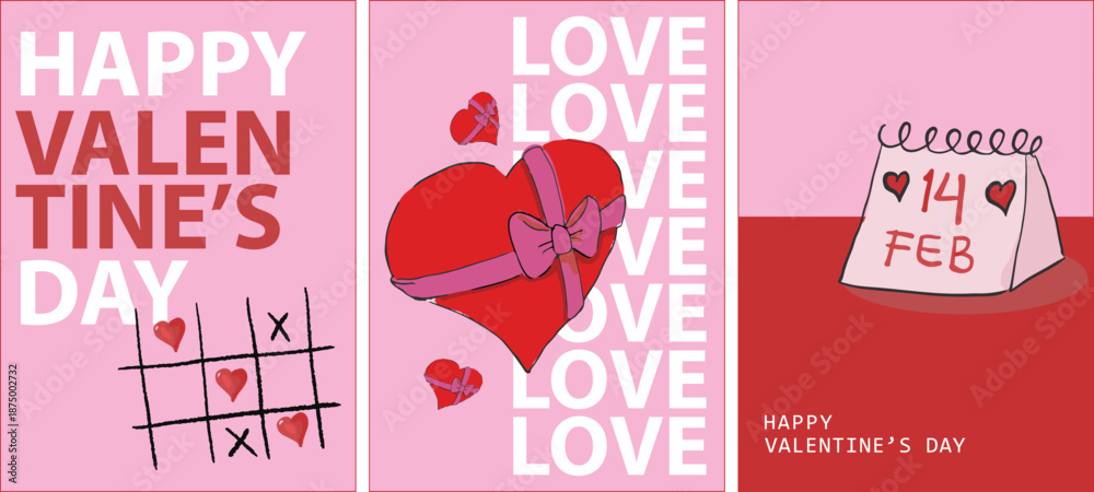 Obraz premium Happy Valentines Day cards in trendy hand drawn style with heart with ribbon, hearts tic tac toe, and valentine's day calendar. Template for ads, branding, banner, cover, label, poster
