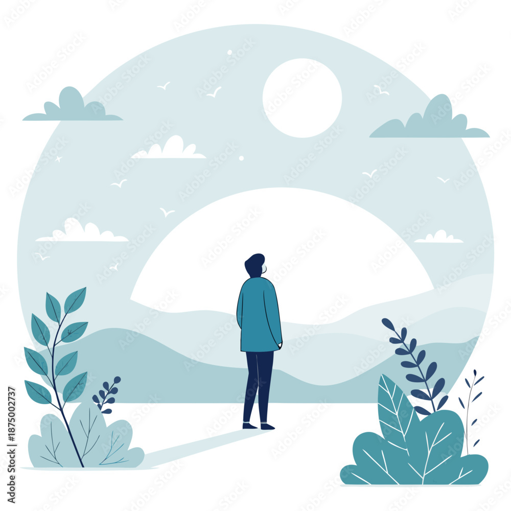 Obraz premium A man stands alone in a serene landscape gazing at the moonlit hills and foliage