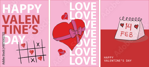 Happy Valentines Day cards in trendy hand drawn style with heart with ribbon, hearts tic tac toe, and valentine's day calendar. Template for ads, branding, banner, cover, label, poster