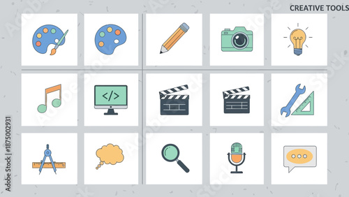 Set of creative tools icons representing art, music, writing, and digital media.