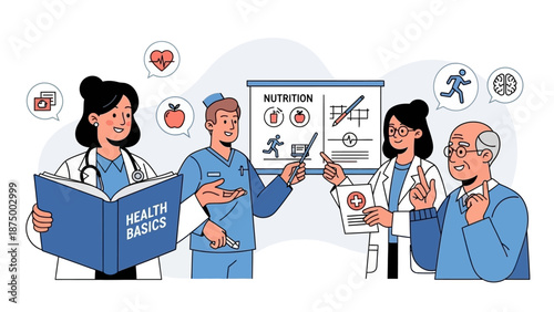 Healthcare professionals explaining nutrition and healthy lifestyle basics to diverse group.