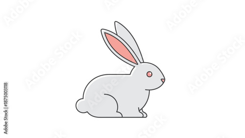 Illustration of a cute gray rabbit with pink ears and red eyes.
