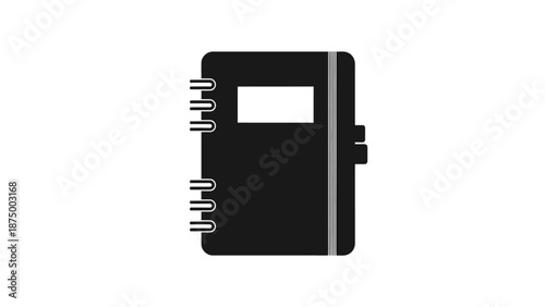 Black closed notebook with spiral binding and pen holder.