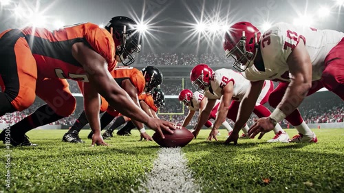 American football players lined up at the line of scrimmage on a grass field under stadium lights