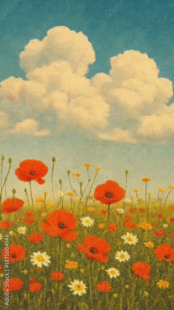 Fototapeta premium Vibrant floral field under clouds mobile wallpaper