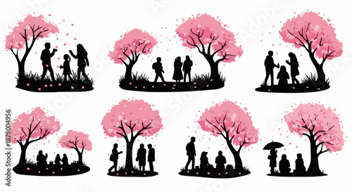Collection Of Silhouette People Enjoying Spring Activities Underneath Vibrant Pink Blooming Cherry Blossom Sakura Trees