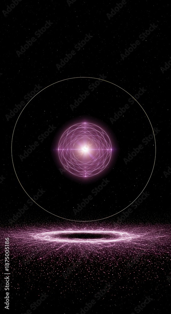 Obraz premium Theoretical dimensional wave blank, an abstract zero-point energy field showing complex cosmic geometry and potential energy flow, science, background, energy