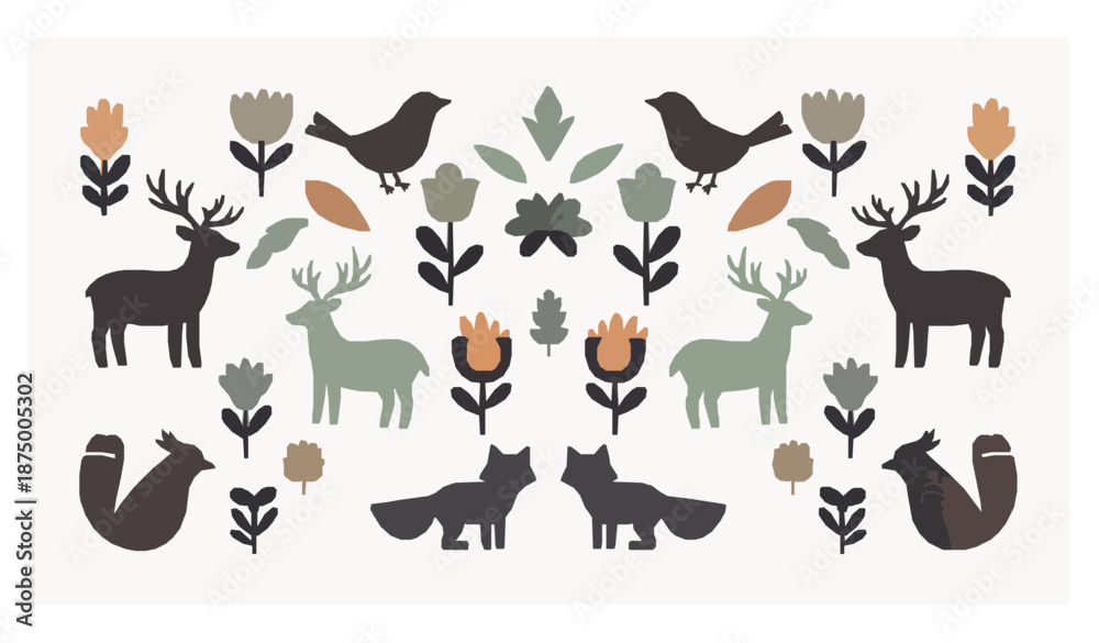 Fototapeta premium Ethnic Scandinavian folk animal sticker set with boho doodle elements vector