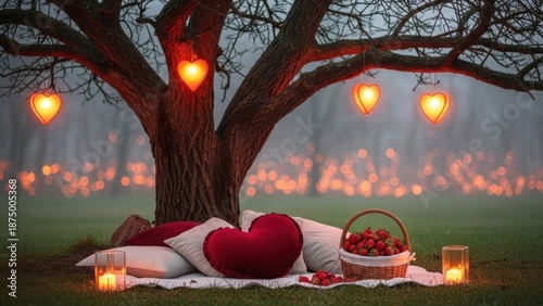 Romantic picnic setup under tree with heart lights and candles