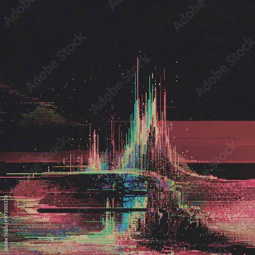 Vibrant, chaotic abstract background showing digital disruption, static noise, and pixelated interference effects, static, corrupted, pattern