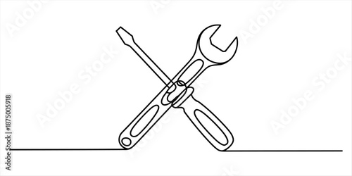Simple continuous line art illustration of a wrench and screwdriver crossed together Vector, illustration