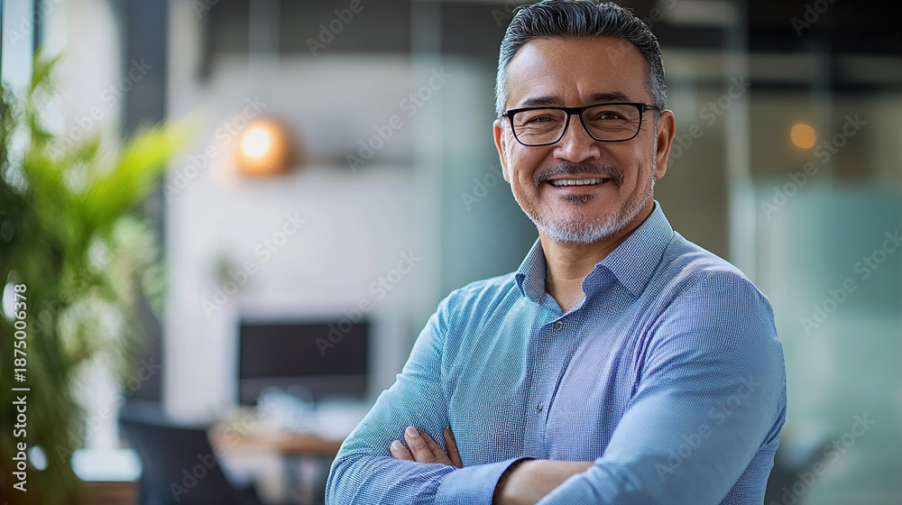Obraz premium Businessman smiling confidently in modern office with laptop and plants in background professional portrait