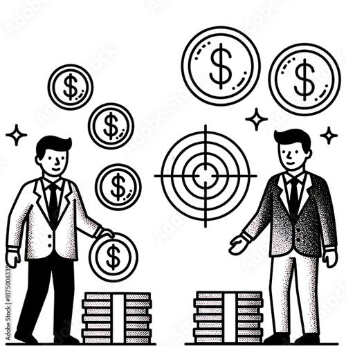 Financial Targets and Achievements: A graphic illustration depicting the essence of business finance, where two figures engage in the accumulation of wealth and the pursuit of goals.