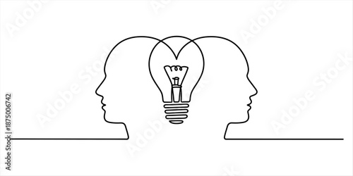 Continuous line drawing of two heads sharing an idea represented by a heart-shaped light bulb Vector, illustration