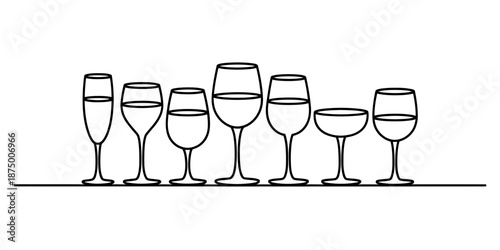 A continuous line drawing depicting various types of wine glasses and cocktail glasses in a row Vector, illustration