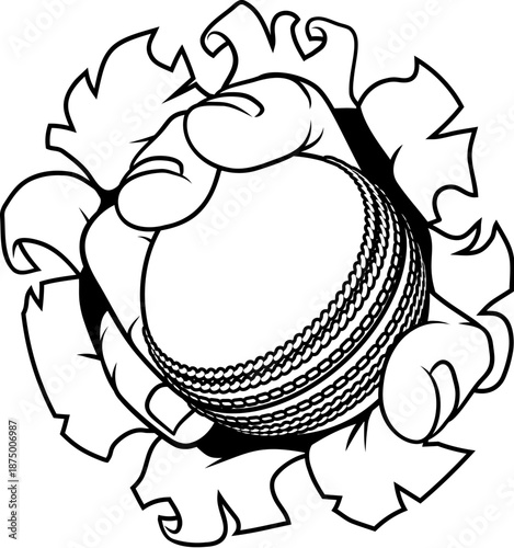 A strong hand holding a cricket ball tearing through the background. Sports graphic