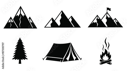 Mountain range pine tree tent and campfire in black silhouette