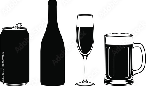 Comprehensive Vector Silhouette Collection of Alcoholic Beverages Including Beer Mug Wine Bottle Soda Can and Champagne Glass for Bar Menu and Party Design Projects (24