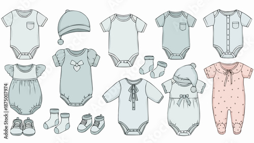 Collection of baby clothes and accessories for newborns.