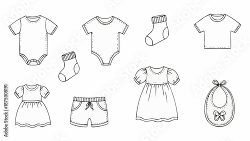 Collection of baby clothes and accessories line art illustration.