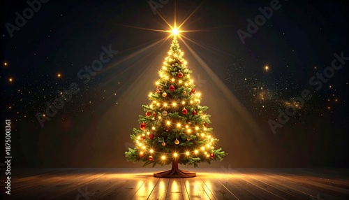 Festive Christmas Tree Illuminated with Golden Lights and Star Against a Dark Background.