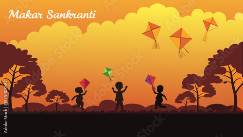 Children playing with colorful kites in a park at sunset with trees and clouds in the background with vector illustration and flat design and outdoor fun
