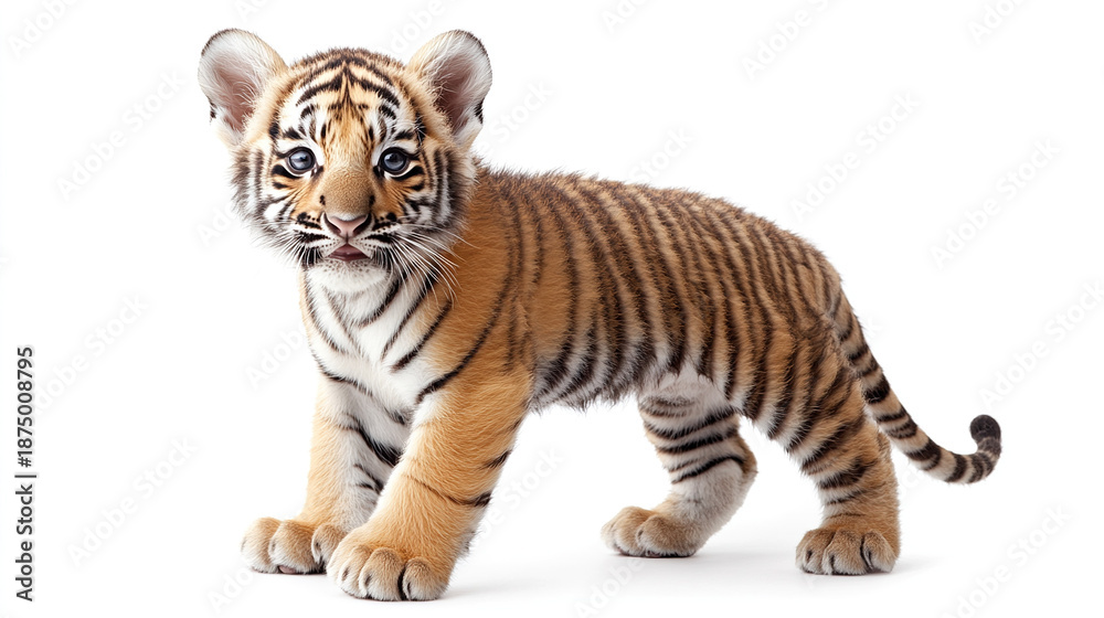 Obraz premium Young Tiger Cub Standing on White Background with Striped Fur and Alert Posture