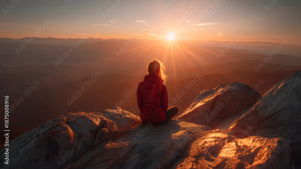 custom made wallpaper toronto digitalWoman sitting on a mountain peak, observing a sunrise or sunset over a vast, rugged landscape.  Person meditating on a mountaintop at sunrise or sunset silhouette.