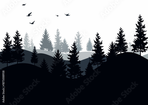 silhouette of trees and hills with birds flying in the sky