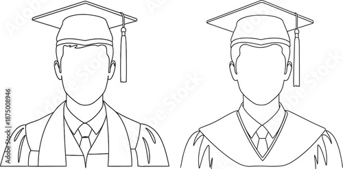 Outline illustration showing two faceless graduates in gown and mortarboard caps for coloring pages