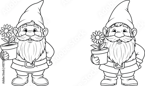 Outline of two cartoon garden gnomes, one holding a flower pot, classic fairytale