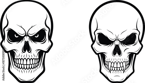 outline of two skulls with menacing expressions, clip art illustration for print