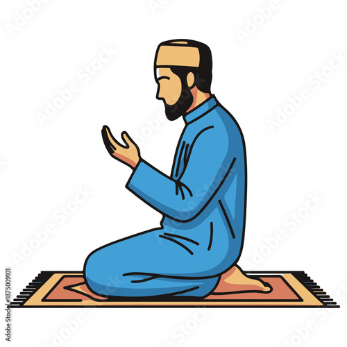 Flat Line Art Muslim Man Kneeling in Prayer on Mat