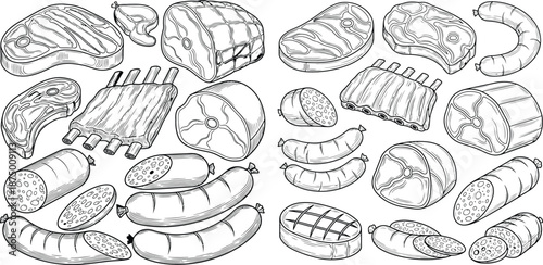Outlined meat collection featuring steak, ribs, ham, and assorted sausages, on a white background