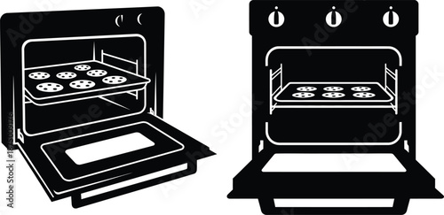 Oven with cookies illustration, baking sheet inside, open door minimalist style