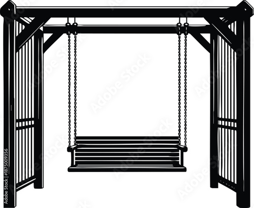 Empty wooden porch swing seat hanging from a sturdy wooden frame vector silhouette illustration