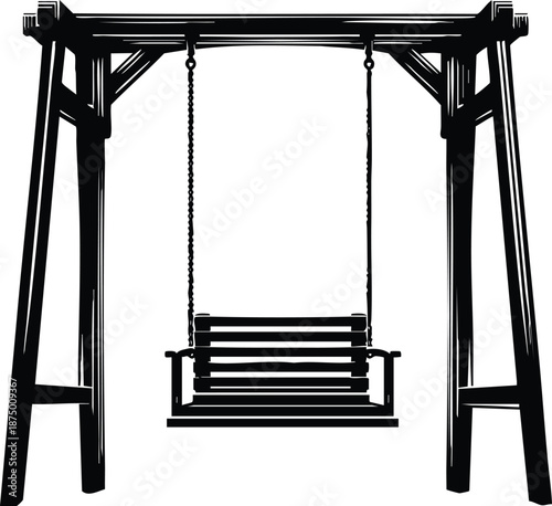 Empty wooden porch swing seat hanging from a sturdy wooden frame vector silhouette illustration