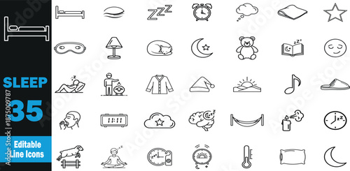 Sleep icon set .Moon, Bed, Alarm Clock, Pillow, Sleep Mask, Lullaby, Dream Cloud, Cozy Blanket, Night Light, Star  .Vector illustration