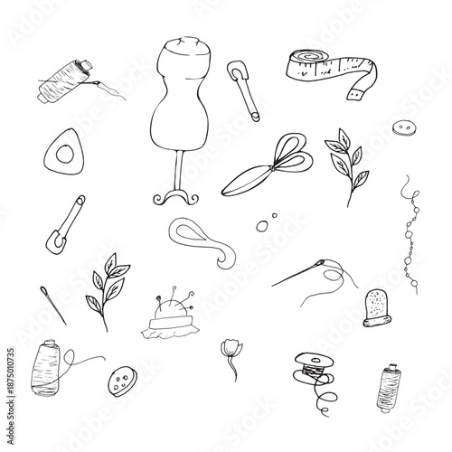 Hand drawn sewing doodle set with tailoring tools