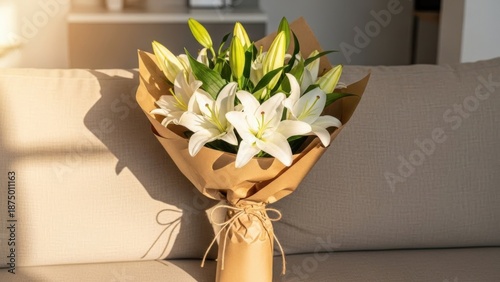 Beautiful bouquet of white lilies on beige couch indoors