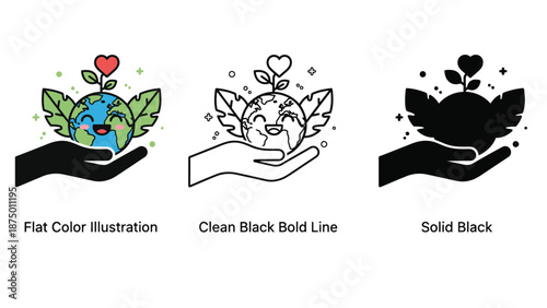 A hand holding the Earth with a heart and leaves growing out of it in three different illustration styles.
