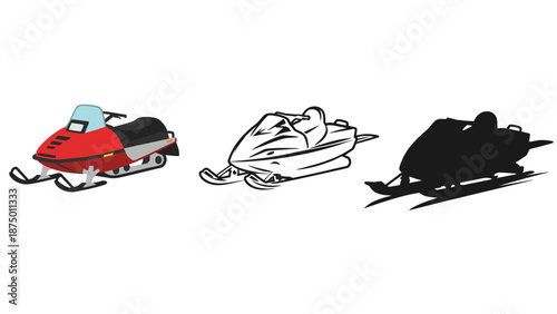Three snowmobiles in different colors and styles on a white background