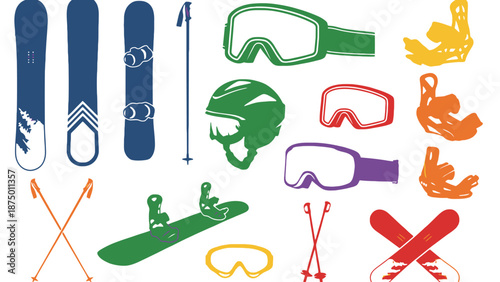 A colorful illustration of various skiing and snowboarding equipment on a white background