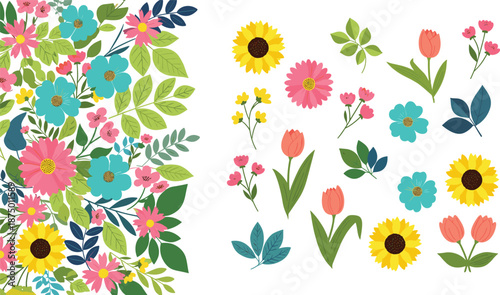 Colorful flat floral illustration set with blooming flowers leaves and botanical elements isolated on white background for spring design projects