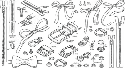 Detailed fashion hardware illustration showing zippers buckles ribbons bows and rivets in technical line art for garment design