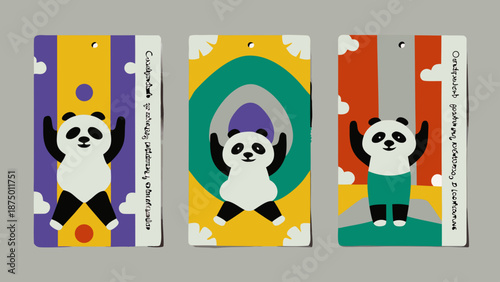 Flat vector illustration of a chubby panda doing yoga poses on colorful backgrounds with clouds and abstract shapes with design and graphic and icon