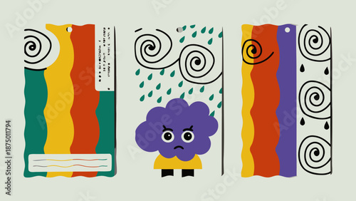 Flat vector illustration of a small character under various weather conditions with swirling winds and rain with cloud and colorful and graphic