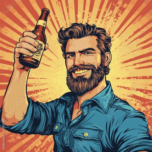 Stylized pop-art vector of a cheerful man raising a beer bottle, wearing a blue shirt and smiling warmly at the viewer