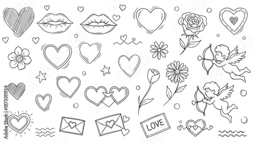 Hand-drawn Valentines Day Doodles Collection with Hearts, Flowers, and Cupids.